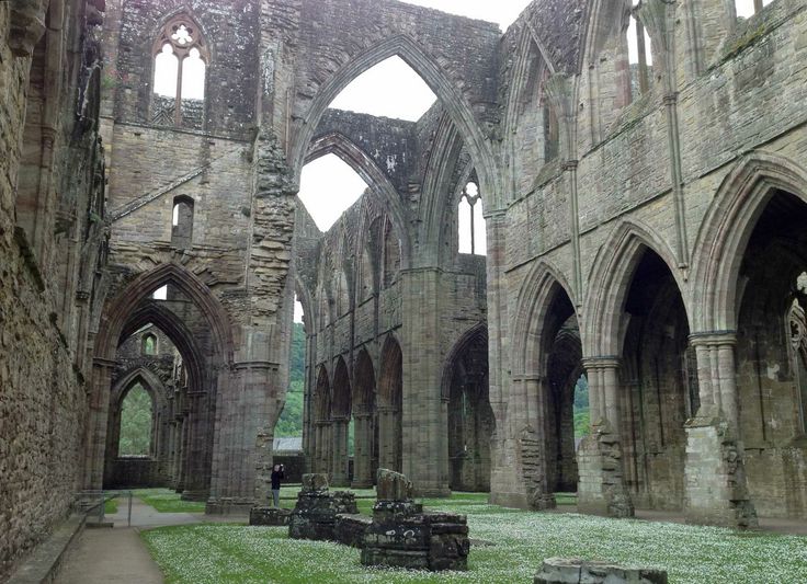 the inside of an old building with many arches and grass on the ground in front of it