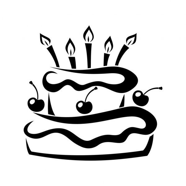 a birthday cake with candles and cherries on the top is drawn in black ink