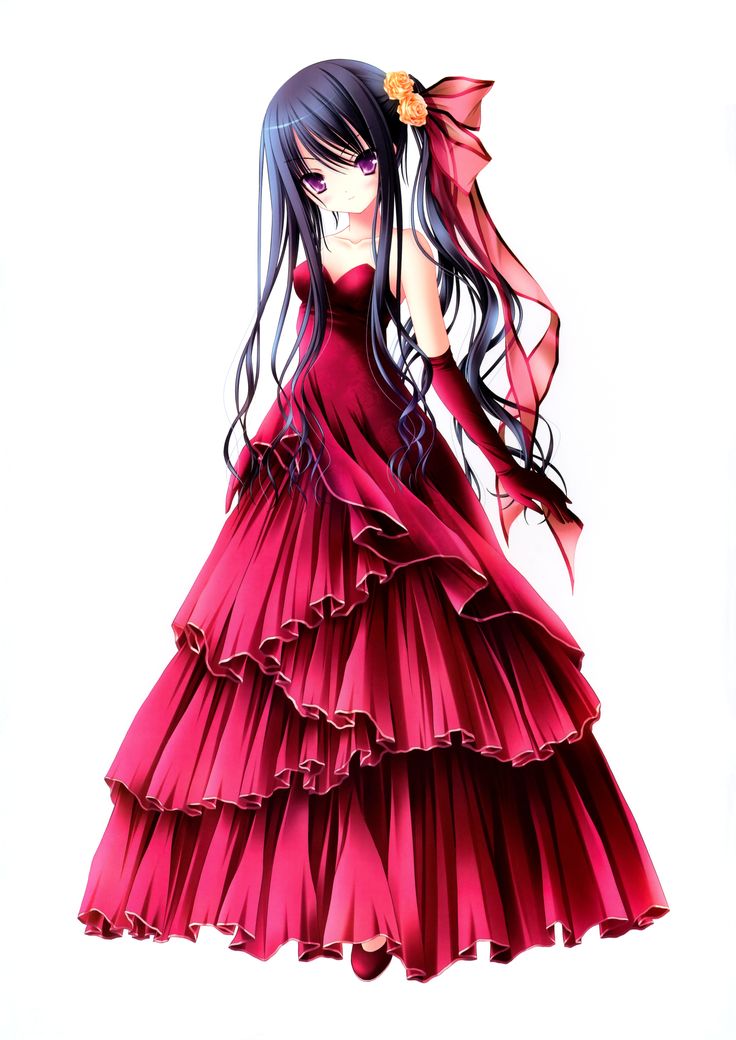 a drawing of a woman in a red dress with long black hair wearing a flower in her hair