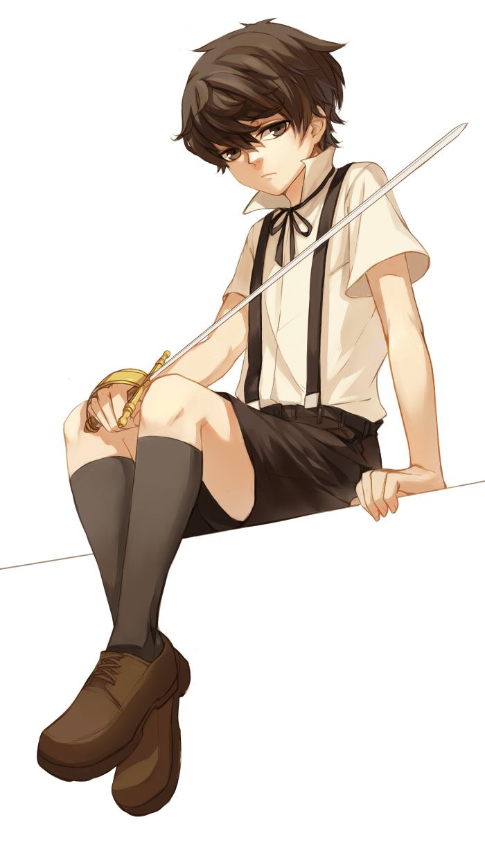 an anime character sitting on the ground with her legs crossed and holding a knife in one hand