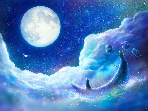 an artistic painting of two people sitting on the moon in the sky with clouds and stars