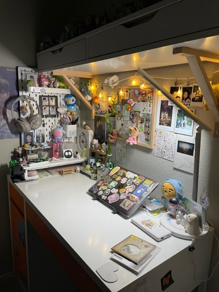 a cluttered kitchen counter with lots of stuff on the top and bottom shelves above it