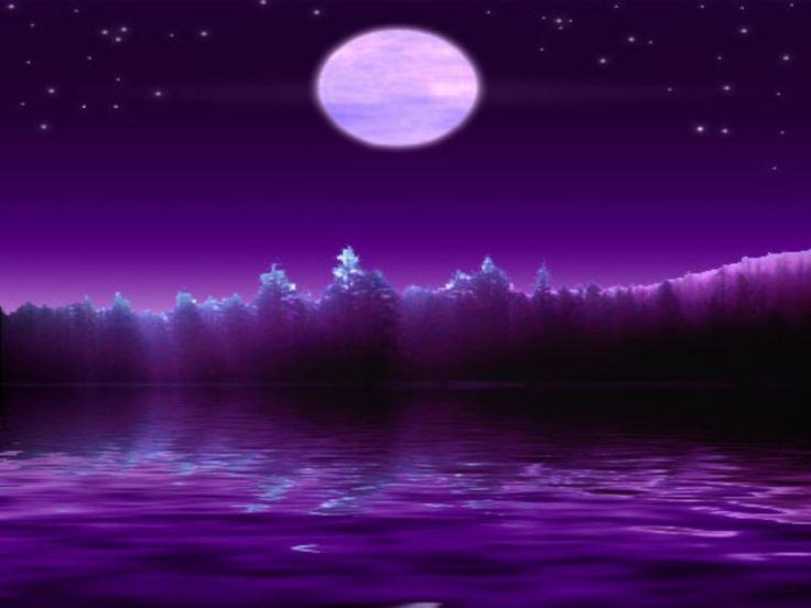 the moon is shining brightly in the night sky over a lake with trees and mountains