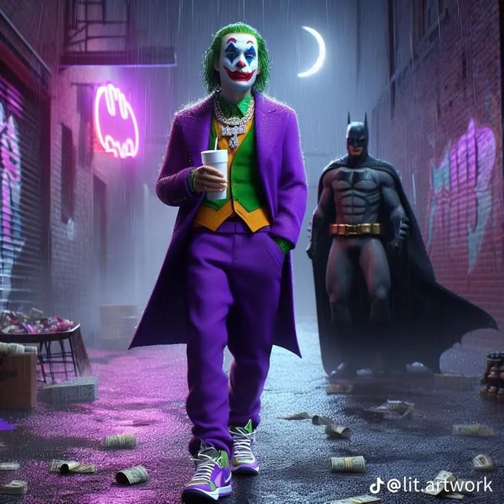 the joker and batman movie character are walking down the street