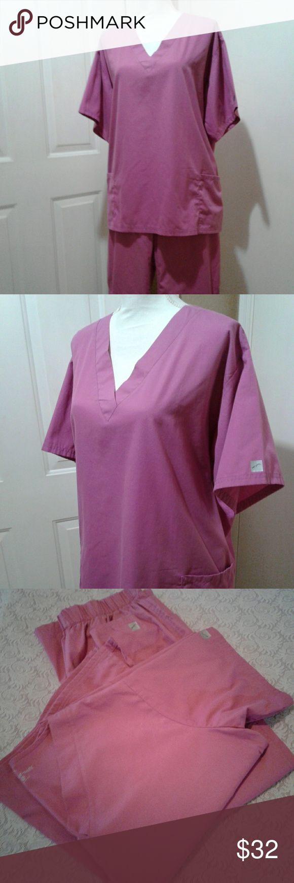 🌺 Nearly New Butter-Soft Dusty Rose Scrub Set Scrubs are in excellent condition & show no signs of wear (not even the size tags)! Gorgeous dusty rose color. Poly/combed cotton blend is so soft, just like their name. There is no spandex. V-neck top with 2 large front pockets. Pants have a wide elastic band in back & flat front. No drawstring. 5 pockets in pants with inseam of 31".  *PLEASE NOTE: Pants are size Large & Top is XL. Butter-Soft Other Rose Scrub, Pockets Pants, Dusty Rose Color, Scrub Sets, Rose Color, V Neck Tops, Dusty Rose, Combed Cotton, Elastic Band