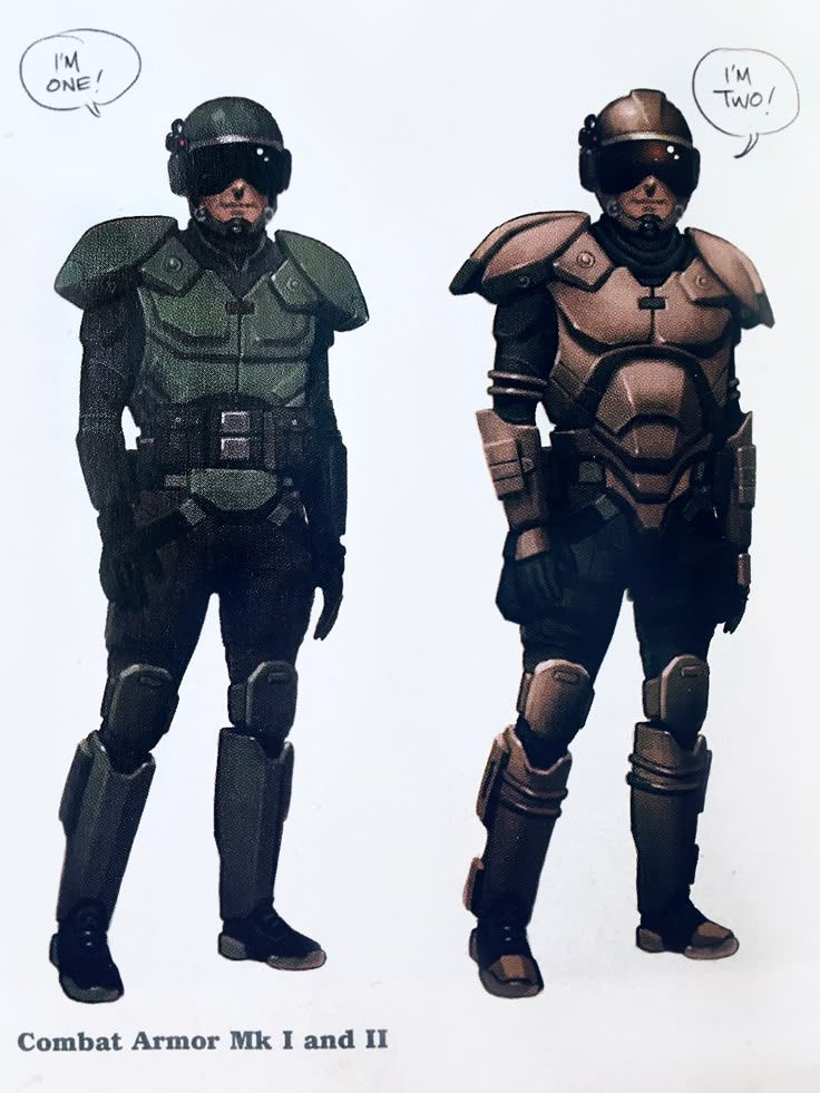 two men in armor standing next to each other with speech bubbles above them that say combat armor kit and ii