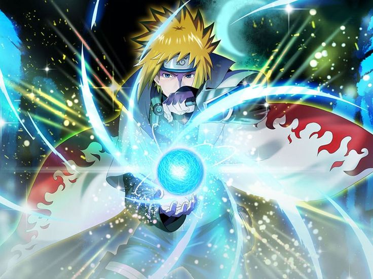 an anime character holding a blue ball in his right hand and surrounded by firework