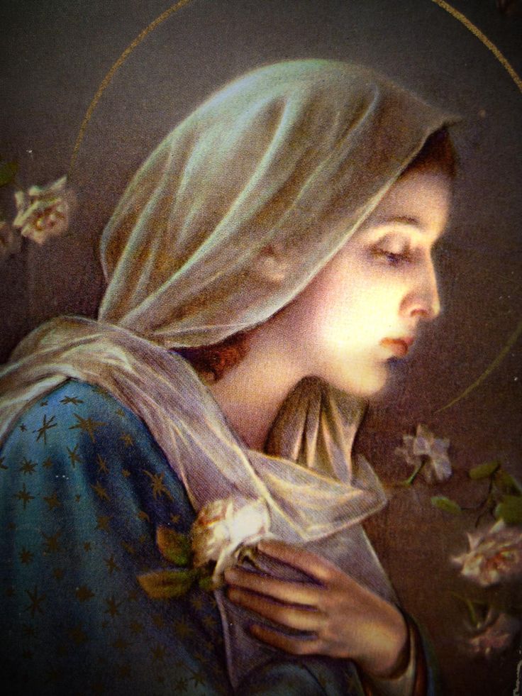 a painting of the virgin mary with flowers in her hair and light shining down on her head