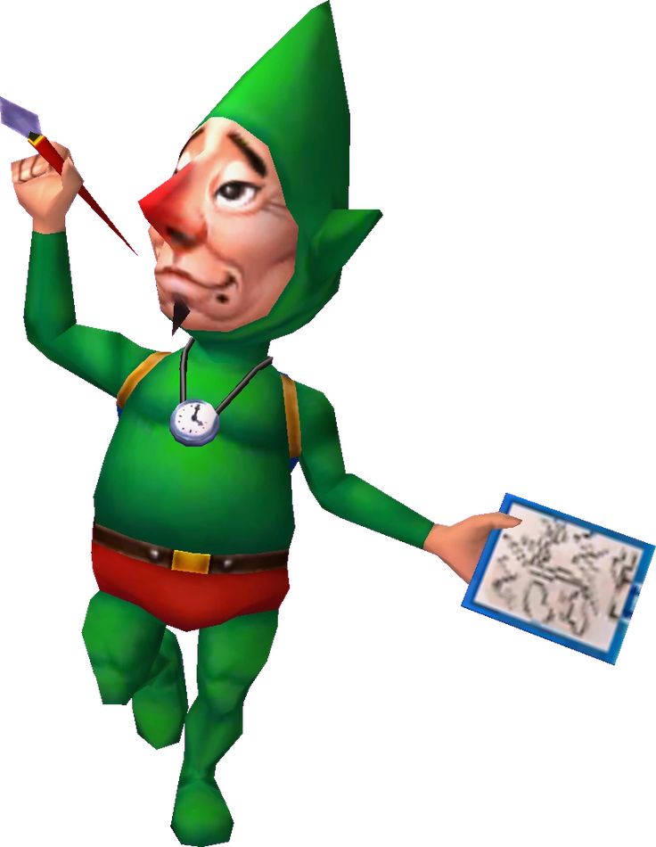 a cartoon character holding a piece of paper and an object in his hand while wearing a green outfit