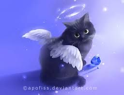 a black cat with angel wings sitting on top of a blue object in the air