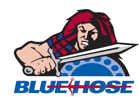 a blue horse logo with a man holding a knife and wearing a red bandana