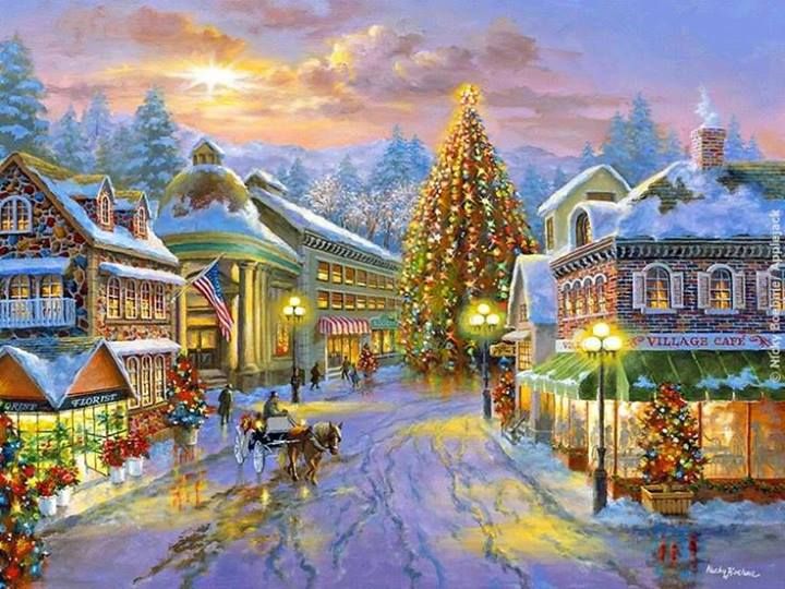 a painting of a christmas tree in the middle of a town