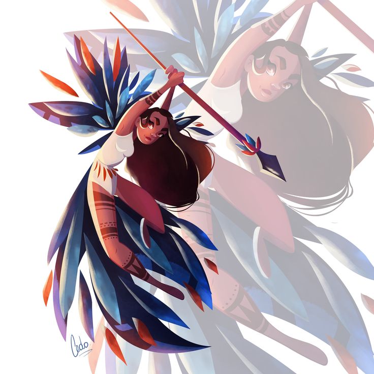 an artistic painting of a woman holding a spear and flying through the air with feathers on her body