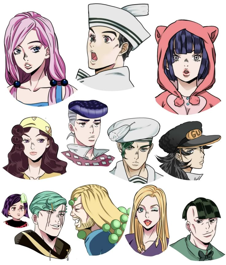 an image of many different people with hats on their heads and haircuts in the style of anime