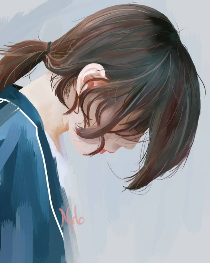 a digital painting of a woman with her hair blowing in the wind and wearing a blue shirt