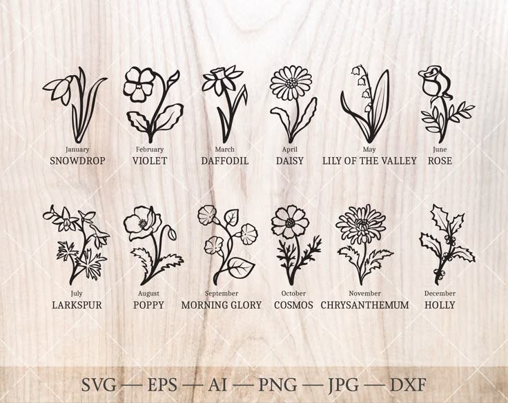 the different types of flowers are shown in black and white on woodgrain paper