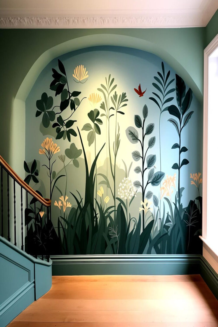 A spacious hallway with a captivating painted mural accent wall, inviting nature inside. Unique Wall Painting Ideas Creative, Wall Painting Ideas Bedroom Unique, Wall Painting Ideas Creative, Wall Charm, Painting Textured Walls, Creative Wall Painting, Wall Painting Ideas, Accent Wall Paint, Bedroom Wall Designs