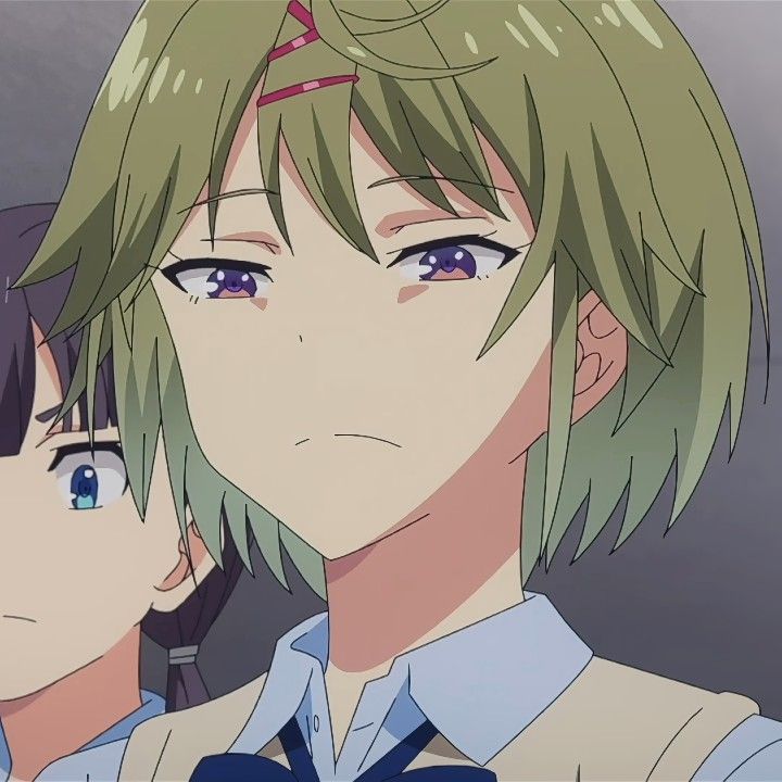 two anime characters with green hair and blue eyes looking at the same person's face