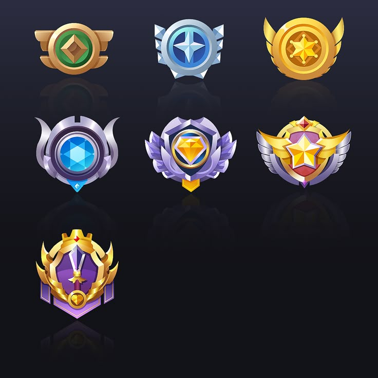 six different types of badges on a black background