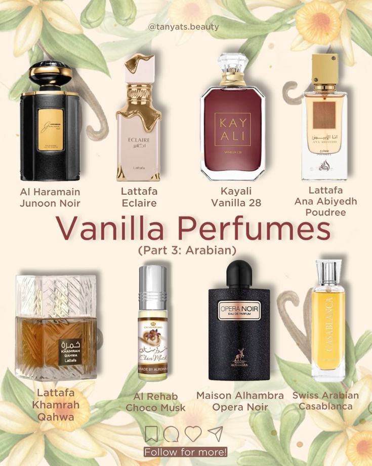 Easily Likeable Vanilla Perfumes: Middle-Eastern Edition ⠀ Surprisingly, it was hard to create a collection of Arabian vanilla perfumes. The reason is simple: almost every trending Arabian perfume for women has a vanilla note. ⠀ I’ve tried to pick only those options where the note of vanilla is prominent, and all these perfumes can be considered relatively safe blind buys if you like the description. ⠀ ▫️ Al Haramain Junoon Noir — by far my favorite Arabian perfume. It’s super feminine and su... Sweet Arabian Perfume, Women Perfume Collection, Vanilla Perfume Arab, Vanilla Notes Perfume, Arab Beauty Products, Arabian Skincare, Best Woman Perfumes, Gourmand Arab Perfumes, Best Arabian Perfume For Women