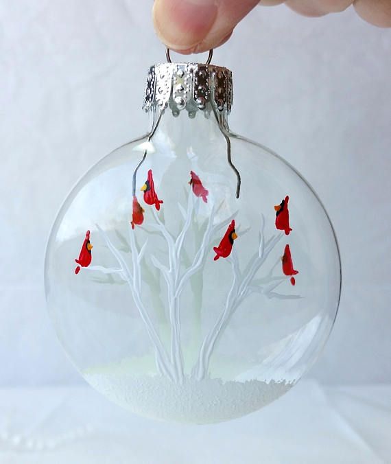 a hand holding a glass ornament with red birds on the tree in it