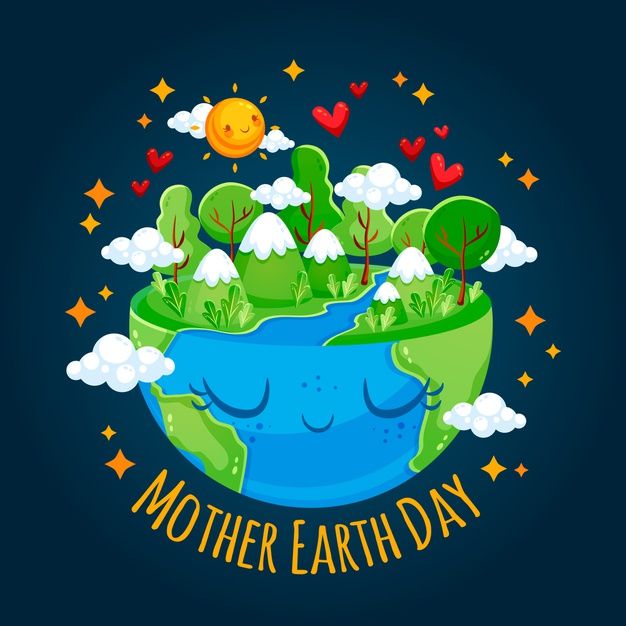 the earth with trees, clouds and hearts around it that says mother earth day on a dark blue background