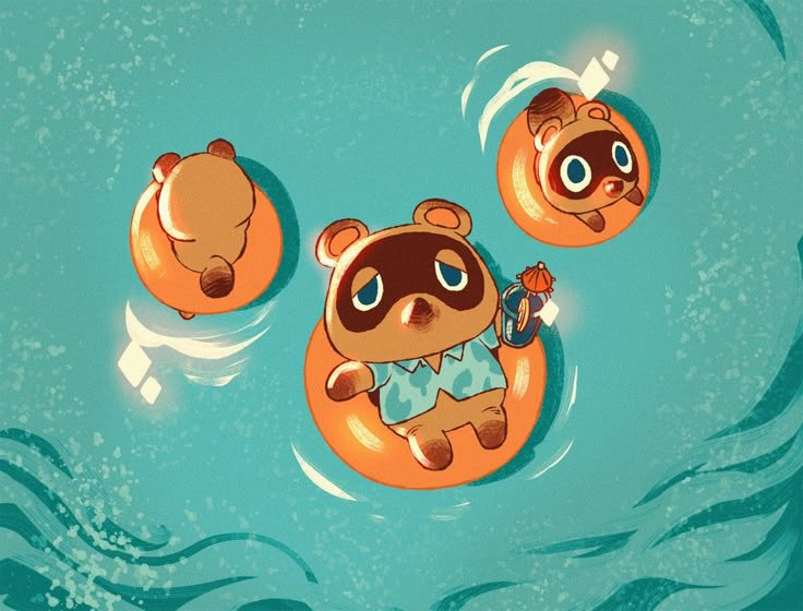 three cartoon bears floating on inflatable rafts in the water with one bear holding a toy