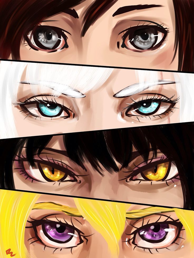 three different anime eyes with yellow and blue colors on the iris's eyeliners