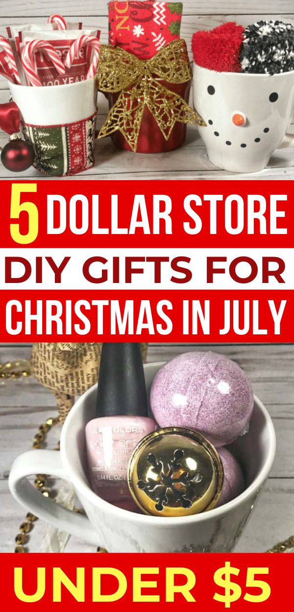 christmas gifts for under $ 5 with text overlay that reads, 5 dollar store diy gifts for christmas in july