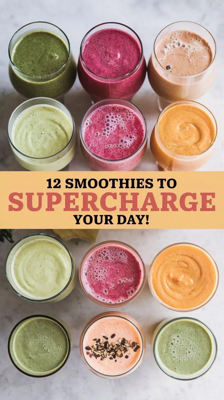 twelve smoothies with the words 12 smoothies to supercharge your day on them