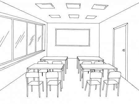 a drawing of a classroom with desks, chairs and a chalkboard on the wall