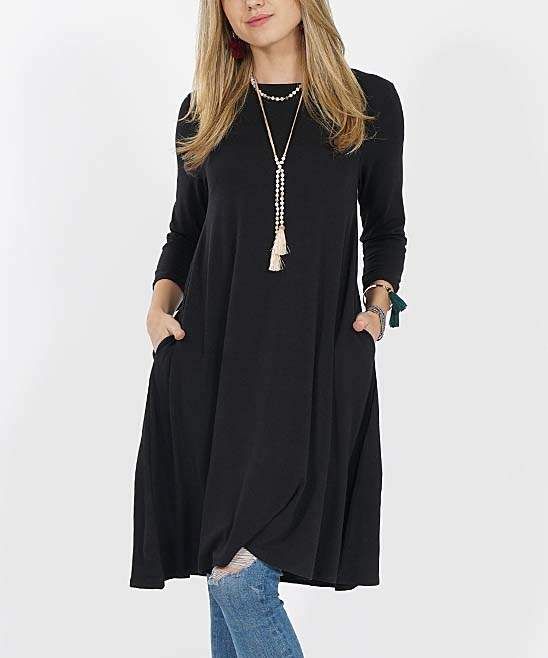 Black Three-Quarter Sleeve Tunic Dress  #tunic #dress #fashion #fashionista Dress Short Long Sleeve, Black Crewneck, Maternity Sweater, Dress Tunic, Long Sleeve Blazers, Short Long, Romper With Skirt, Maternity Tops, Dress Short