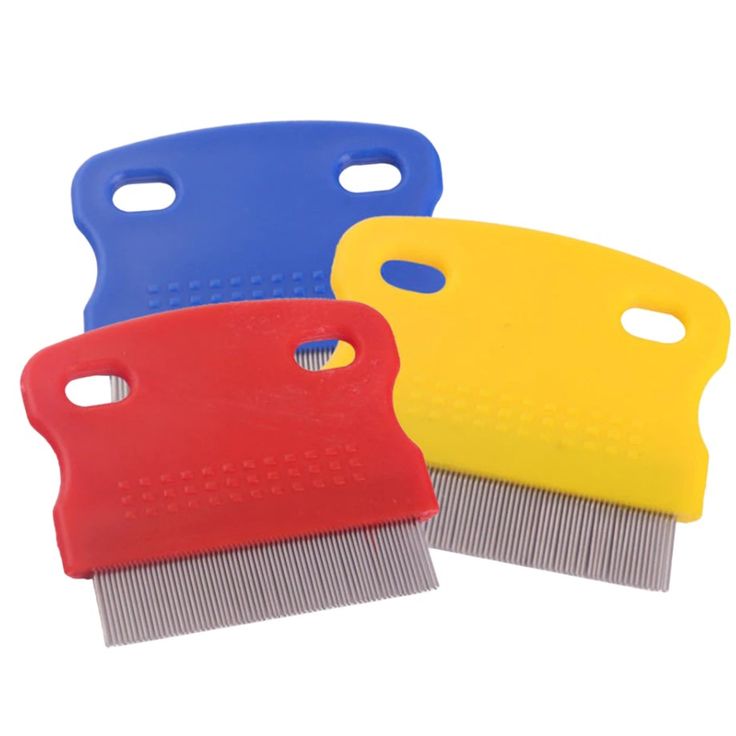 three different colored combs with holes in the front and one has a plastic handle