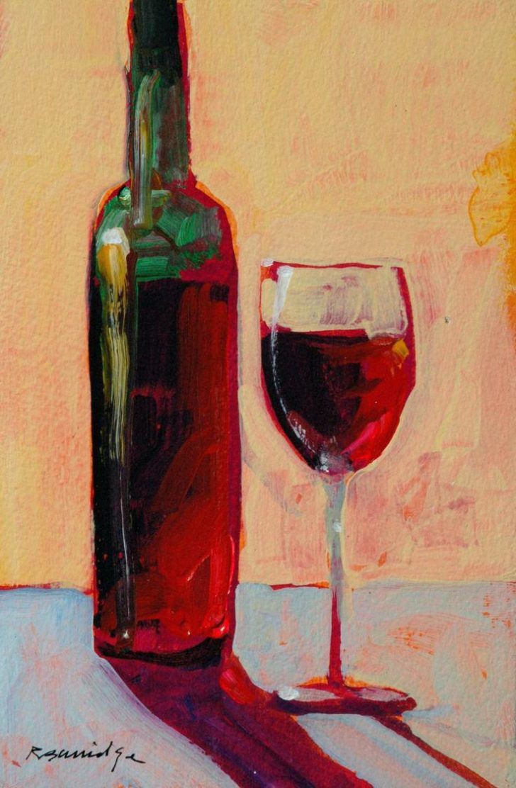 a painting of a wine glass and bottle