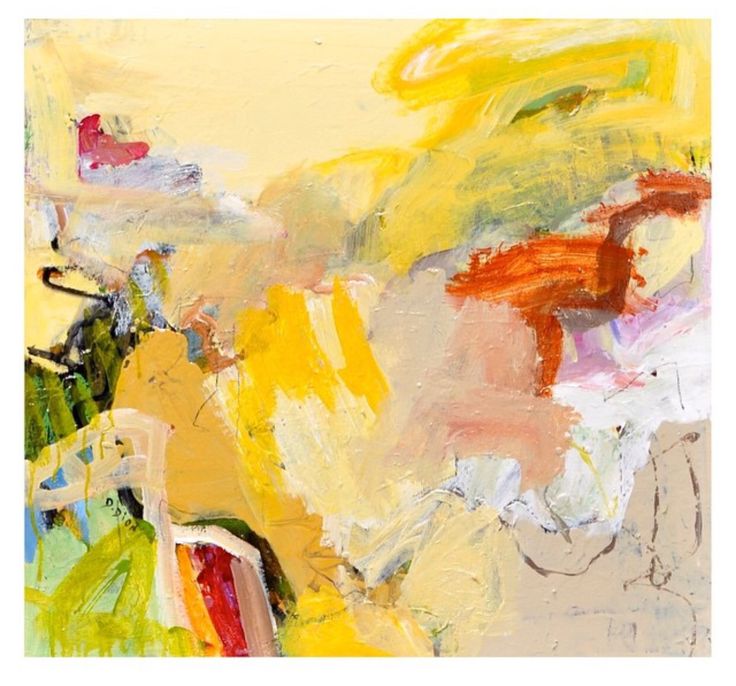 an abstract painting with yellow and red colors