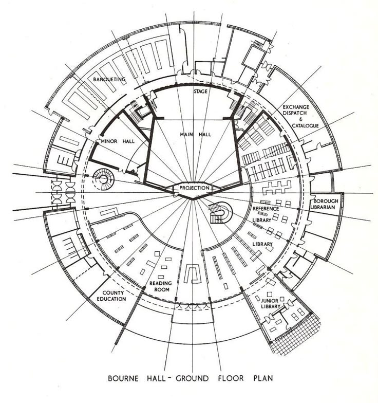 a drawing of a circular building with lots of windows and floor plans on the inside