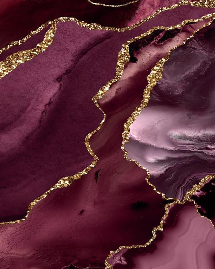 an abstract painting with purple and gold paint on it's surface, as well as the