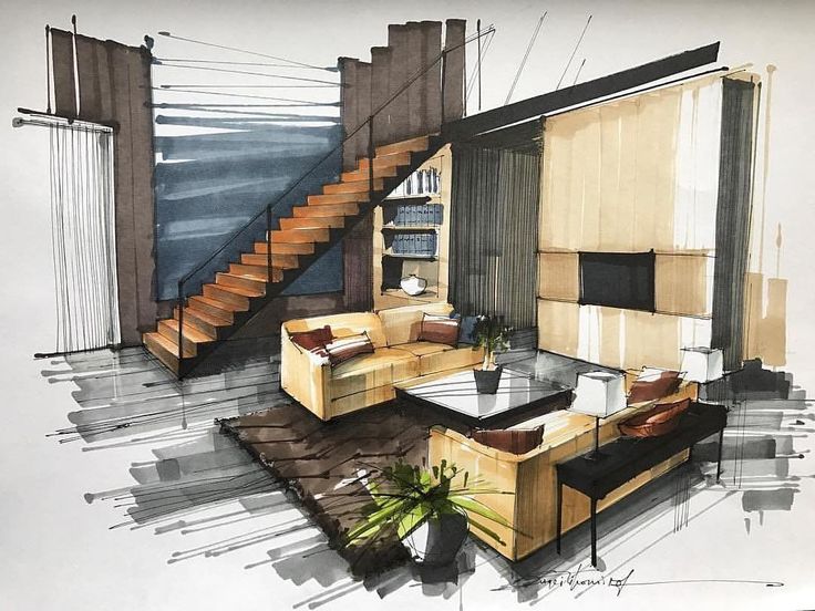 a drawing of a living room with stairs