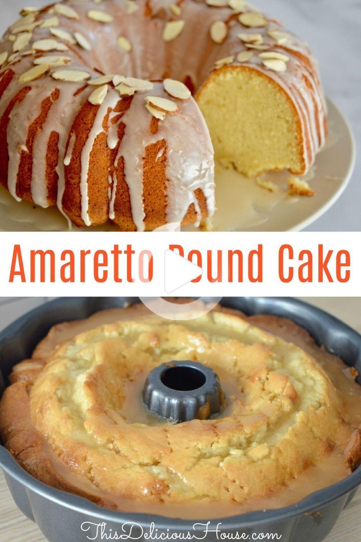 there is a cake with white icing and almonds on top, next to the bundt cake