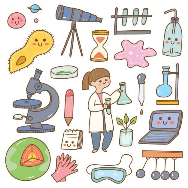 a woman in white lab coat standing next to various science related items and equipment on a white background