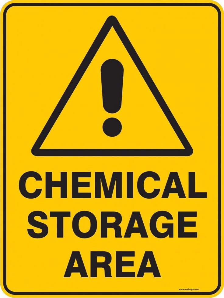 a yellow and black sign that says chemical storage area with an exclamation symbol