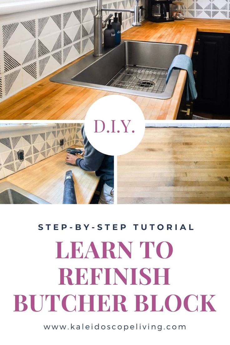 a kitchen counter top with the words learn to refinish butcher block