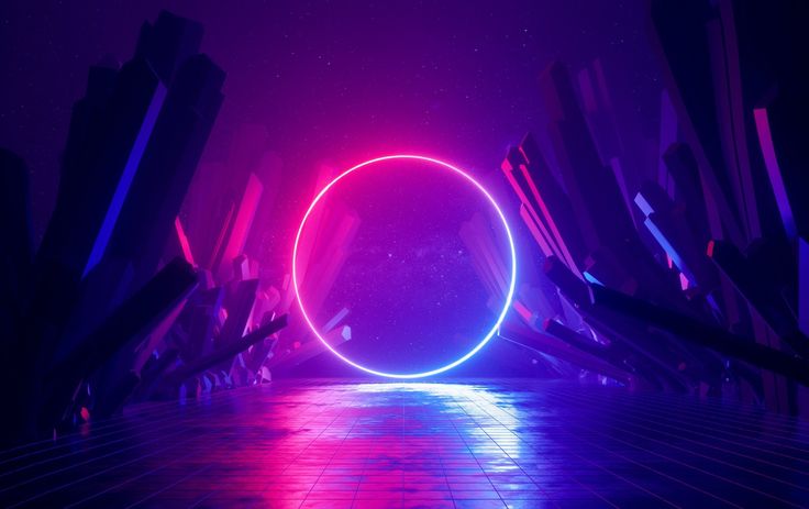 an abstract scene with neon lights and a circular object in the middle of the image