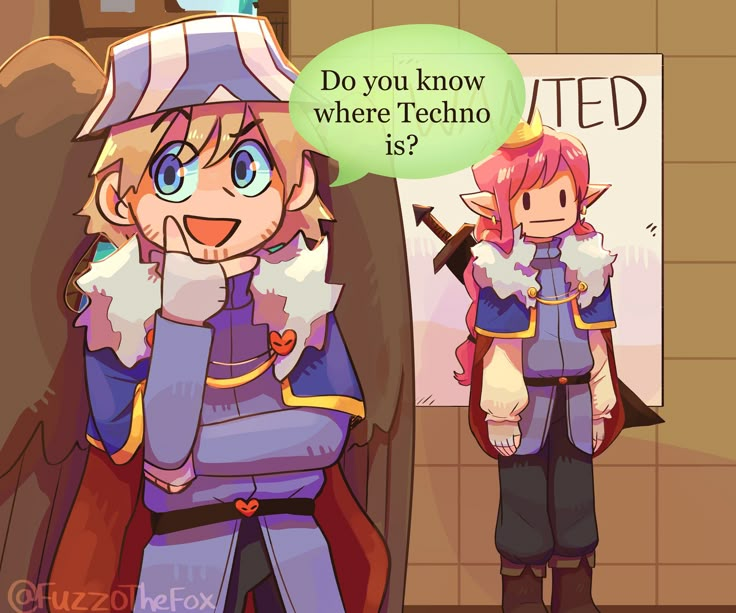 two people standing next to each other in front of a sign that says do you know where techo is?