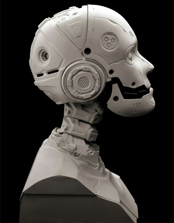 a white robot head is shown against a black background