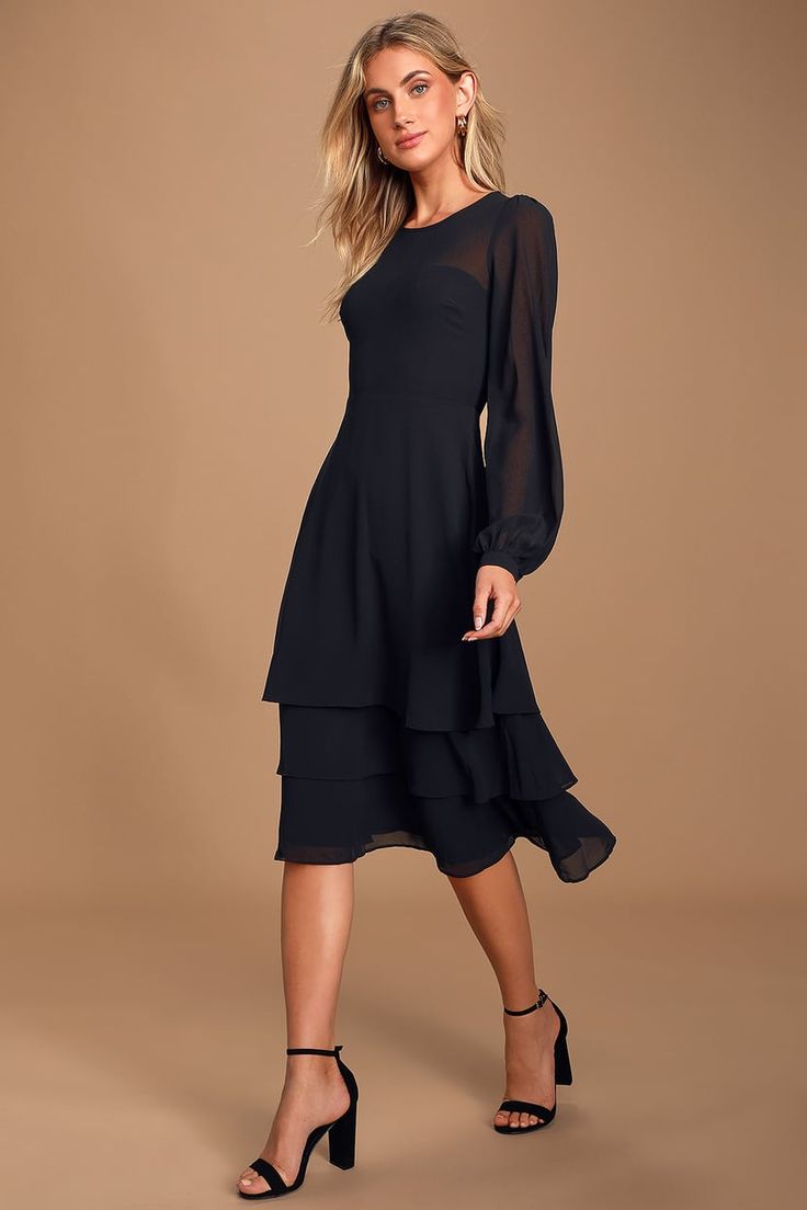 Chic Black Dress - Tiered Midi Dress - Long Sleeve Midi Dress Cocktail Dress With Sleeves, Black Midi Cocktail Dress, Gaun Koktail, Midi Dress Long Sleeve, Midi Wedding Dress, Silver Cocktail Dress, Formal Dresses With Sleeves, Long Cocktail Dress, Midi Dress Formal