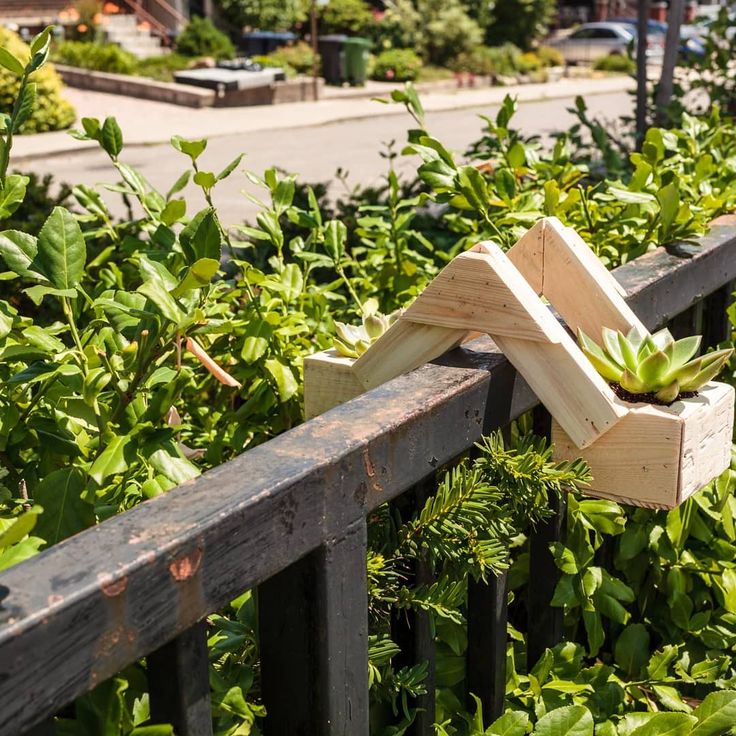 two wooden planters with purple flowers in them on a bench next to some bushes