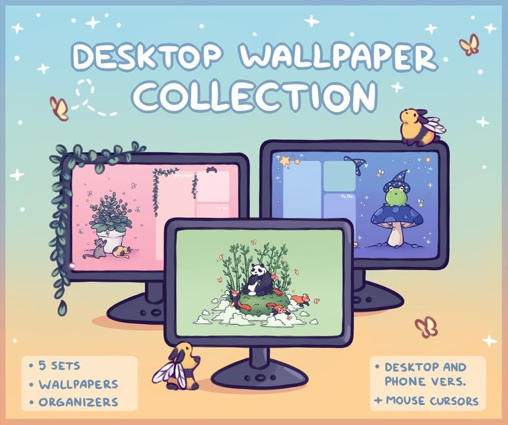 the desktop wallpaper collection is displayed on three computer screens, each with different cartoon characters