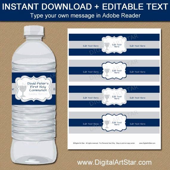 printable water bottle labels with blue and white stripes on the bottom, and an image of