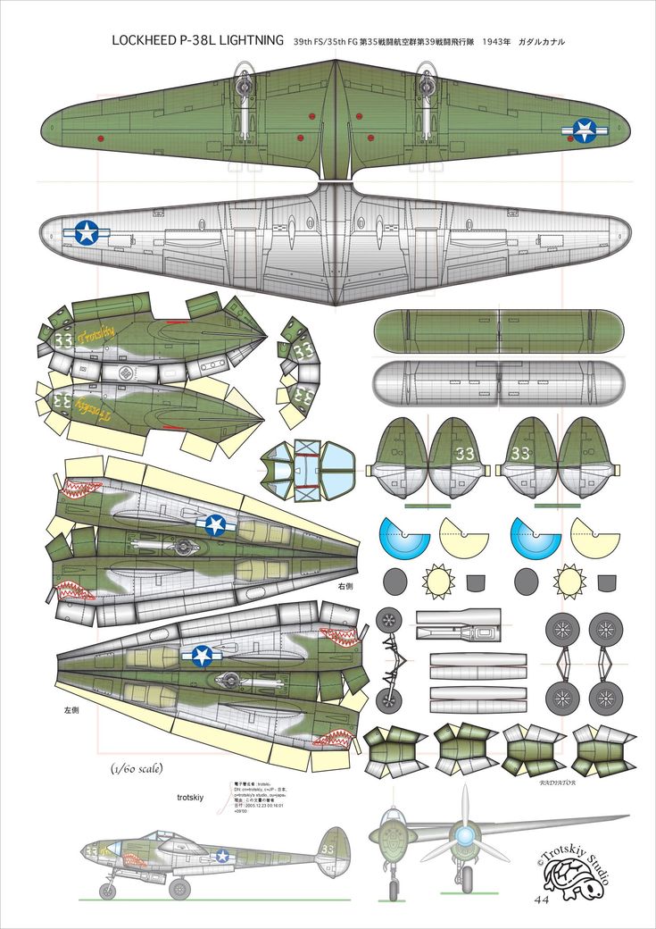 an airplane cut out from paper with diagrams on the bottom and side, in green